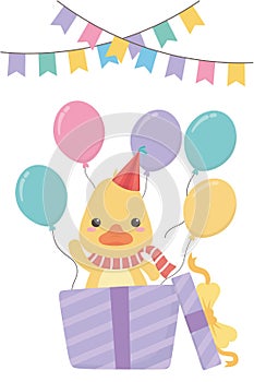 Duck cartoon with happy birthday icon design