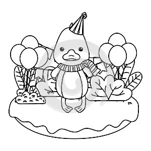 Duck cartoon with happy birthday icon design