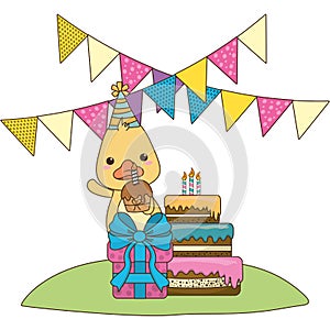 Duck cartoon with happy birthday icon design