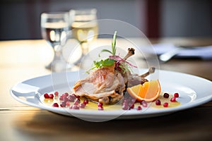 duck confit with orange slices and red currants