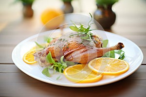 duck confit on a plate with orange slices and herbs