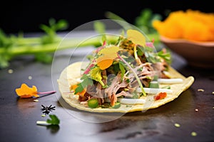 duck confit taco with avocado and cilantro garnish