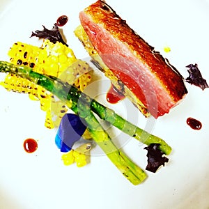 Duck corn asparagus sauce gastric red wine
