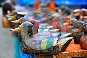 Duck decoy arrangement colorful row