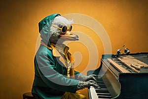 a duck dressed as a jazzman playing, created with Generative AI technology