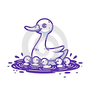 Duck and Ducklings in Cartoon Linear Style. Whimsical Vector Illustration Isolated on a White Background