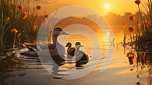 Duck and Ducklings Wading in a Sunset Pond - AI Generated