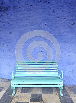 Duck egg blue bench and blue wall