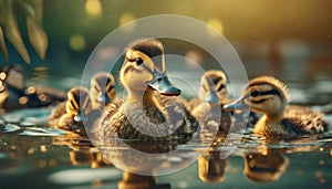 Duck family and ducklings swimming on lake .ai generated