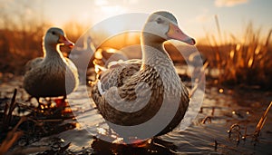 Duck family quacking at sunset, reflecting beauty in nature generated by AI