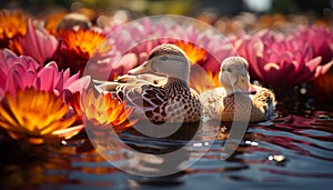 Duck family quacks near pond, enjoying nature beauty generated by AI