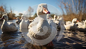 Duck family waddling near pond, enjoying the outdoors generated by AI