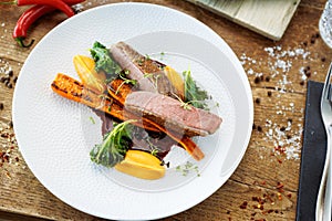 Duck fillet with sweet potato cream, roasted carrots, kale, beet-port sauce on white plate. Grilled and roasted poultry