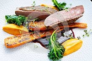 Duck fillet with sweet potato cream, roasted carrots, kale, beet-port sauce on white plate. Grilled and roasted poultry
