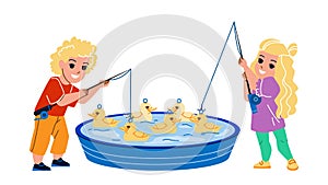 Duck Fishing Little Boy And Girl In Pool Vector