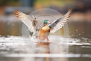 duck flapping wings on pond surface