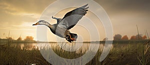 duck flying over treed grasslands in the early morning light