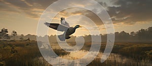 duck flying over treed grasslands in the early morning light