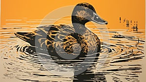 Duck Swimming: A Stunning Woodcut-inspired Lino Print photo