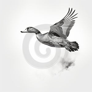 Hyperrealistic Flying Duck Illustration With Smokey Background