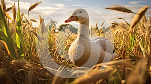 Duck Grazing In A Field At Sunset - Unreal Engine Rendered Farm Photography