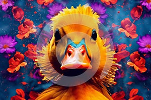 a duck with hair like a flower trying to get attention created with Generative AI technology