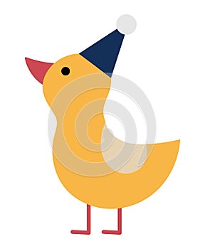 Duck in a holiday hat. Vector circus or birthday animal. Amusement bird icon. Cute funny festival character clip art. Street show