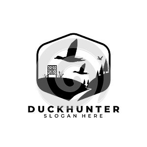 Duck hunt logo vector template illustration design, duck hunter vintage logo , pine tree logo