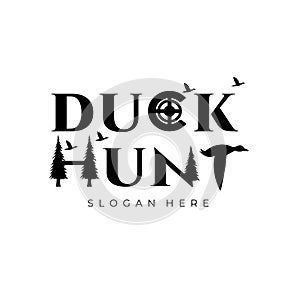 Duck hunt logo vector template illustration design, duck hunter vintage logo , pine tree logo