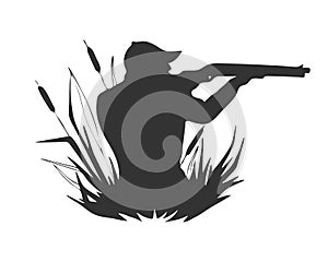 Duck hunter silhouette, thickets of reeds, icon, logo, label, isolated on white background.
