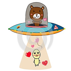 The duck kidnapped by flying ufo on the sky with cute bear.