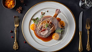 Duck leg confit in a restaurant sauce nutrition roasted photo
