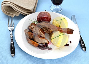 Duck leg with potato dumplings, red apple and cranberries