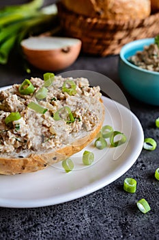 Duck meat spread with onion, mustard and herbs