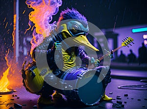duck musician plays on the street at night.