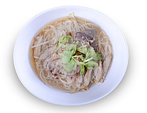 Duck noodle soup on white background, food made from noodles, Hot food with clipping path