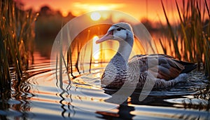 Duck quacks at sunset, reflecting beauty in tranquil pond generated by AI