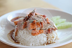 Duck rice on table