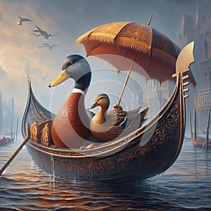 A duck riding a gondola with a decorative umbrella, photoreali