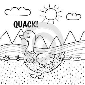 Duck saying quack black and white print. Cute farm character on a green pasture making a sound photo