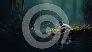 A duck is sitting on a small island in the water