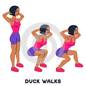 Duck walks. Squat. Sport exersice. Silhouettes of woman doing exercise. Workout, training photo