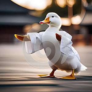 A duck wearing a karate gi, striking a martial arts pose3