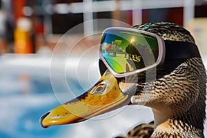 duck wearing ski glasses next to an iceskating rink