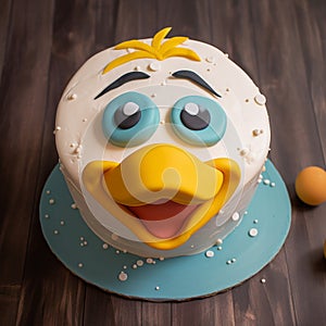 Duckcore Gelato Face Cake: A Dynamic And Exaggerated 2d Cake Design photo