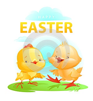 Duckling and chick joyfully walk on a green lawn against a blue sky. Stock vector illustration in cartoon style. Easter