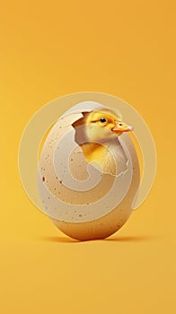 Duckling Hatching Out of Egg on Yellow Background