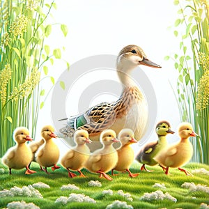 Duckling Parade on Grassy Trail, AI generated