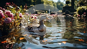 Duckling quacking, nature beauty reflected in tranquil pond generated by AI