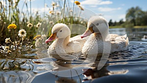 Duckling quacks, reflecting its beauty in nature pond generated by AI